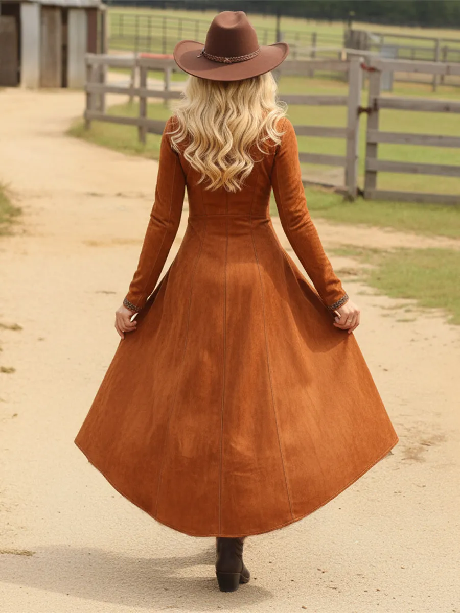 Simple Western Style Irregular Hem Brown Faux Suede Midi Dress sold by Oyrosy product image thumbnail 5