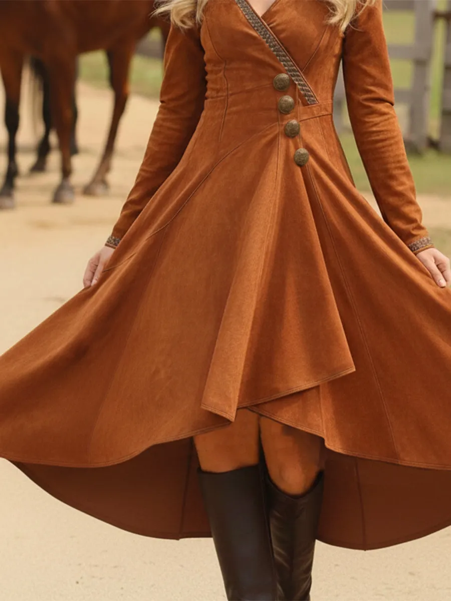 Simple Western Style Irregular Hem Brown Faux Suede Midi Dress sold by Oyrosy product image thumbnail 4