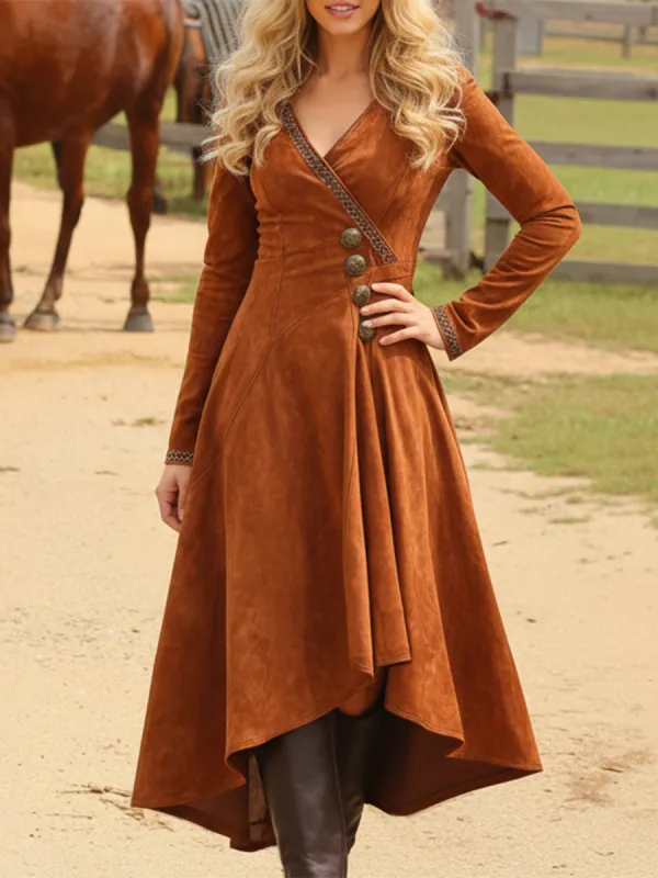 Simple Western Style Irregular Hem Brown Faux Suede Midi Dress sold by Oyrosy