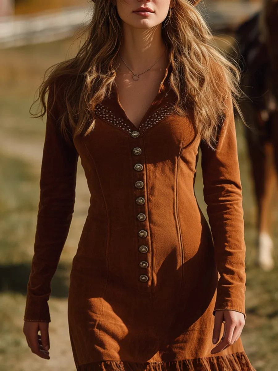 Vintage Western Lace Hem Brown Faux Suede Maxi Dress sold by Oyrosy product image thumbnail 3