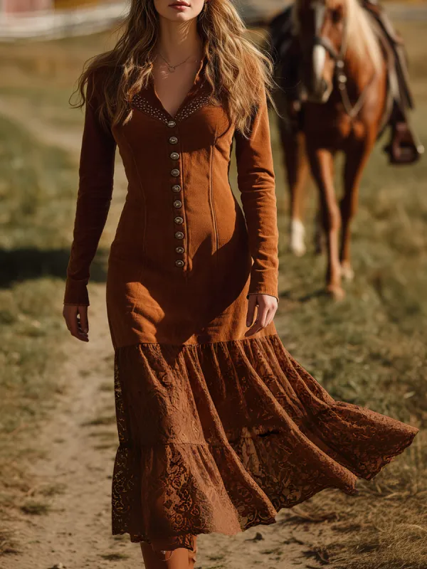 Vintage Western Lace Hem Brown Faux Suede Maxi Dress sold by Oyrosy