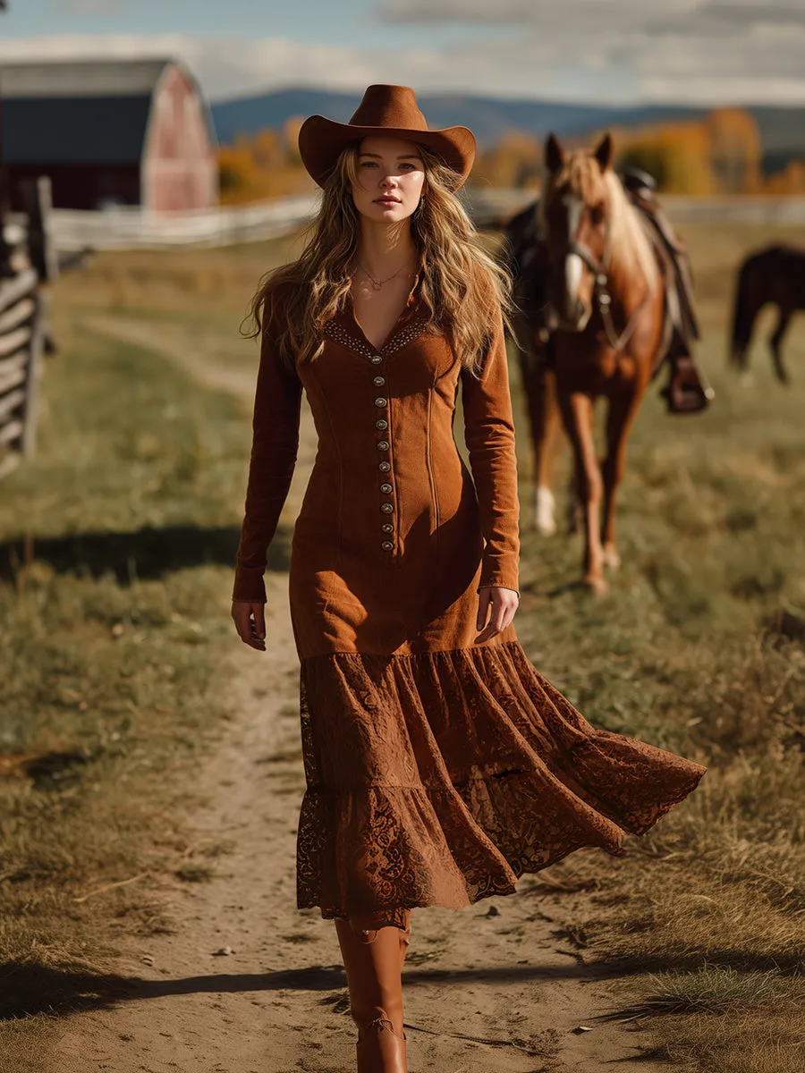 Vintage Western Lace Hem Brown Faux Suede Maxi Dress sold by Oyrosy product image thumbnail 2