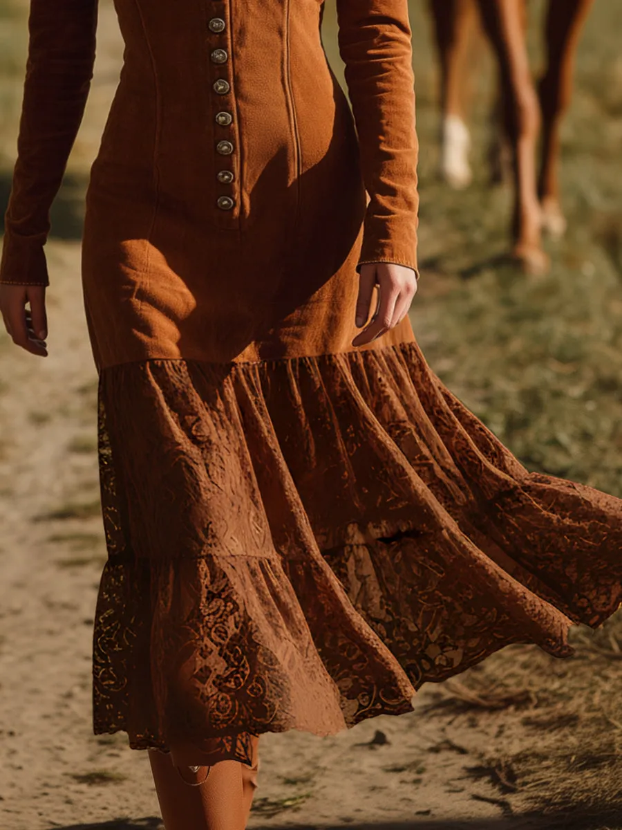 Vintage Western Lace Hem Brown Faux Suede Maxi Dress sold by Oyrosy product image thumbnail 4