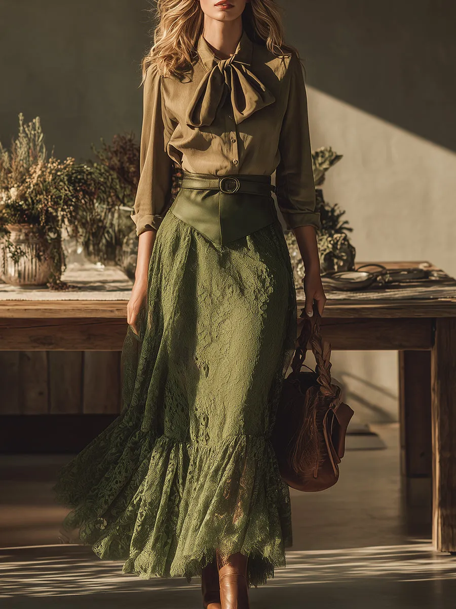 Elegant Western Style Faux Suede Ribbon Shirt Lace Stitching Suede Skirt Set sold by Oyrosy