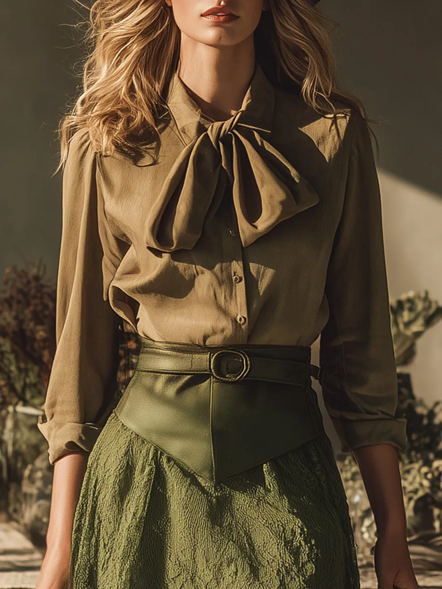 Elegant Western Style Faux Suede Ribbon Shirt Lace Stitching Suede Skirt Set sold by Oyrosy product image thumbnail 3