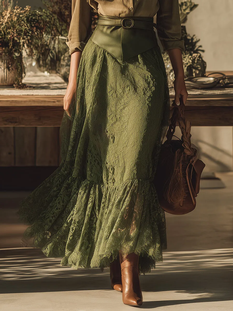 Elegant Western Style Faux Suede Ribbon Shirt Lace Stitching Suede Skirt Set sold by Oyrosy product image thumbnail 4