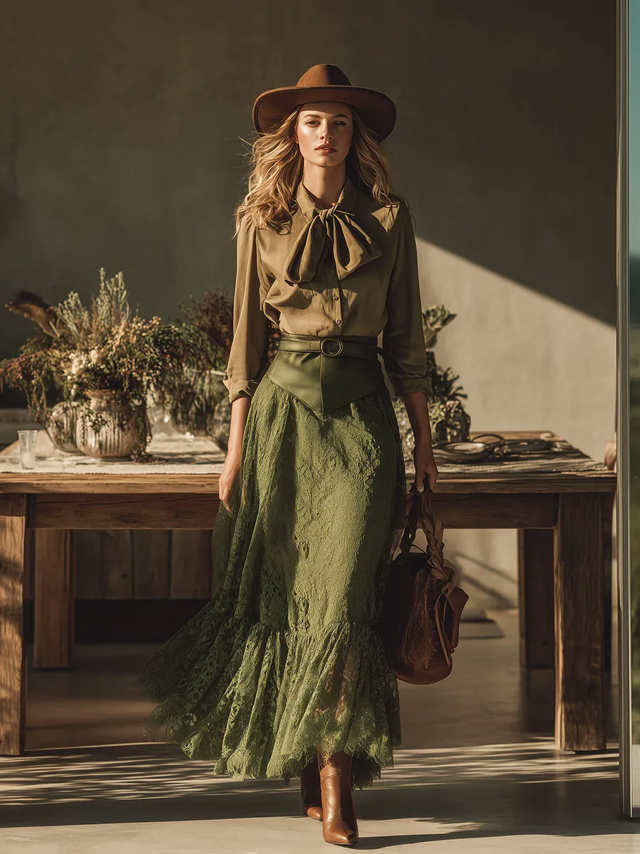 Elegant Western Style Faux Suede Ribbon Shirt Lace Stitching Suede Skirt Set sold by Oyrosy product image thumbnail 2