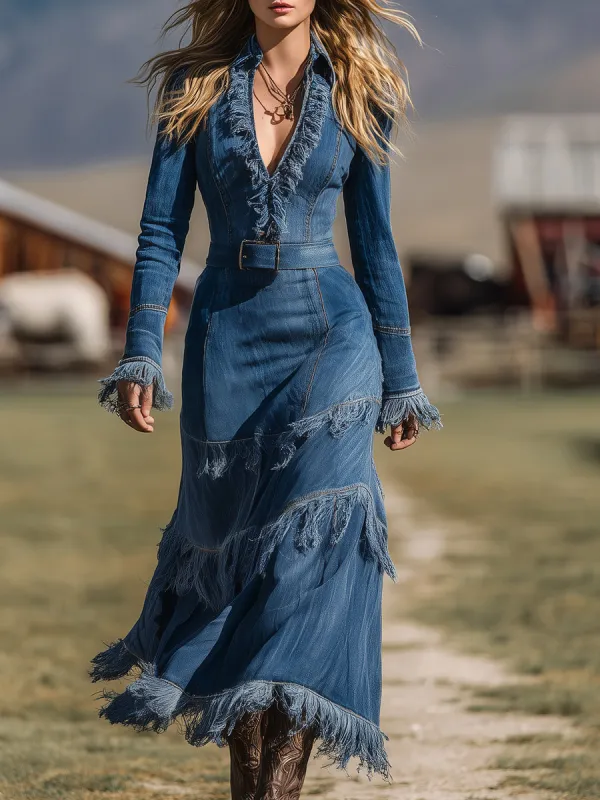 Retro Western Style Washed Raw Edge Denim Maxi Dress sold by Oyrosy