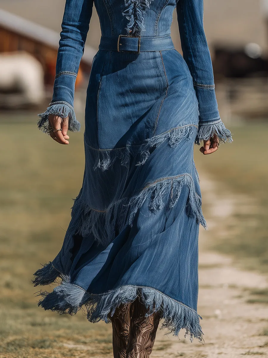 Retro Western Style Washed Raw Edge Denim Maxi Dress sold by Oyrosy product image thumbnail 4