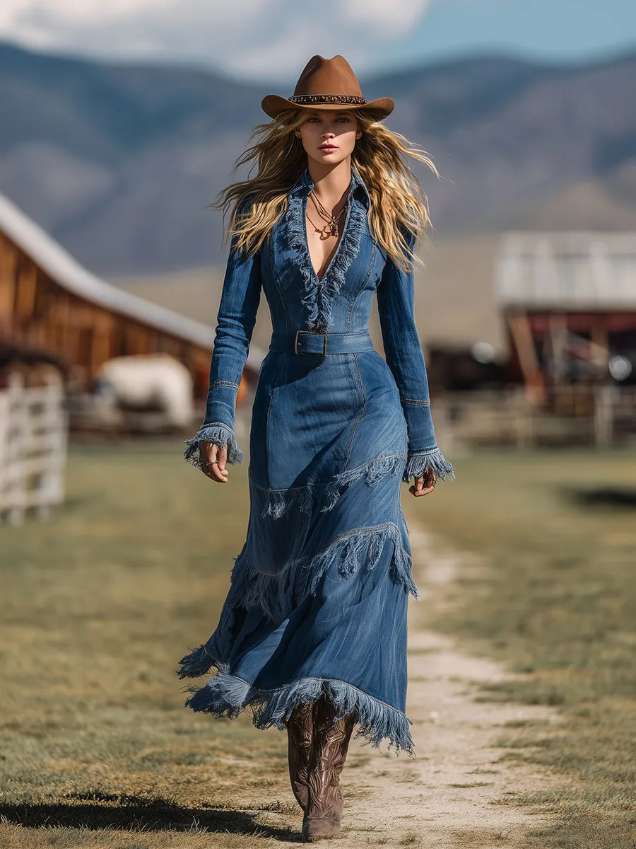 Retro Western Style Washed Raw Edge Denim Maxi Dress sold by Oyrosy product image thumbnail 2