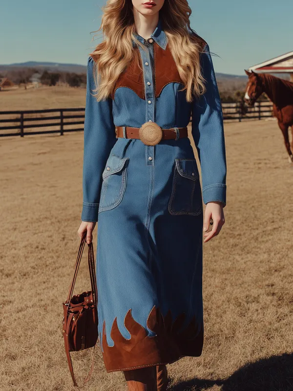 Retro Western Style Brown Suede Patchwork Blue Denim Midi Dress sold by Oyrosy