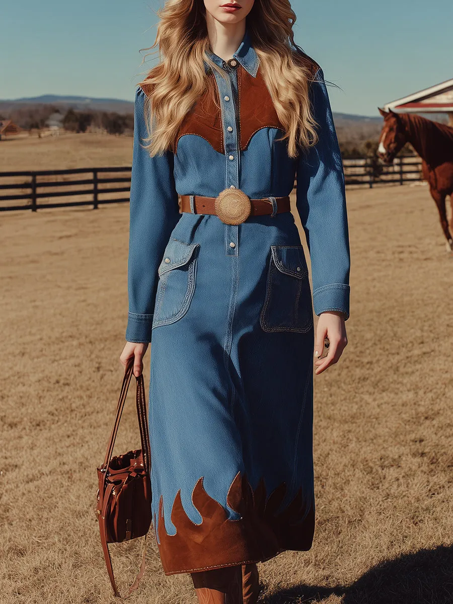 Retro Western Style Brown Suede Patchwork Blue Denim Midi Dress sold by Oyrosy
