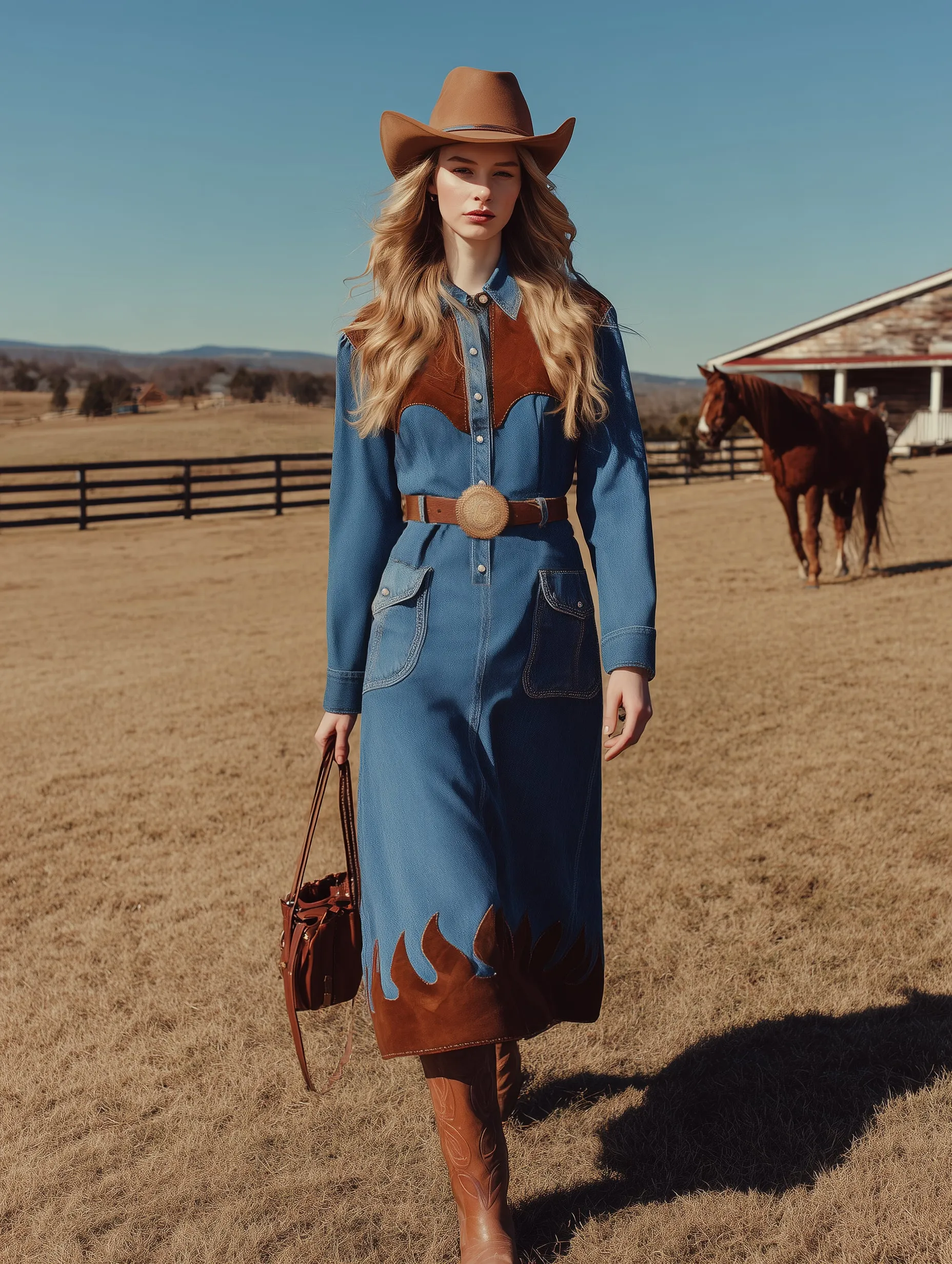 Retro Western Style Brown Suede Patchwork Blue Denim Midi Dress sold by Oyrosy product image thumbnail 2