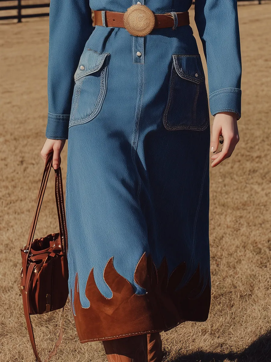 Retro Western Style Brown Suede Patchwork Blue Denim Midi Dress sold by Oyrosy product image thumbnail 4