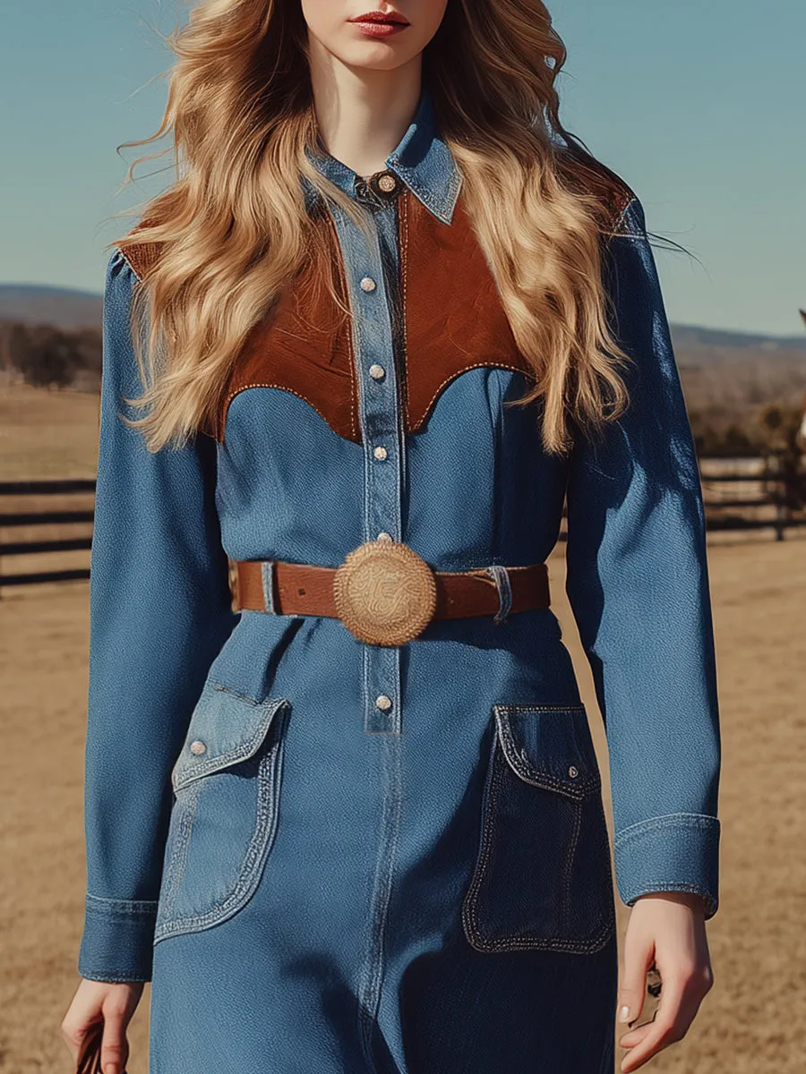 Retro Western Style Brown Suede Patchwork Blue Denim Midi Dress sold by Oyrosy product image thumbnail 3