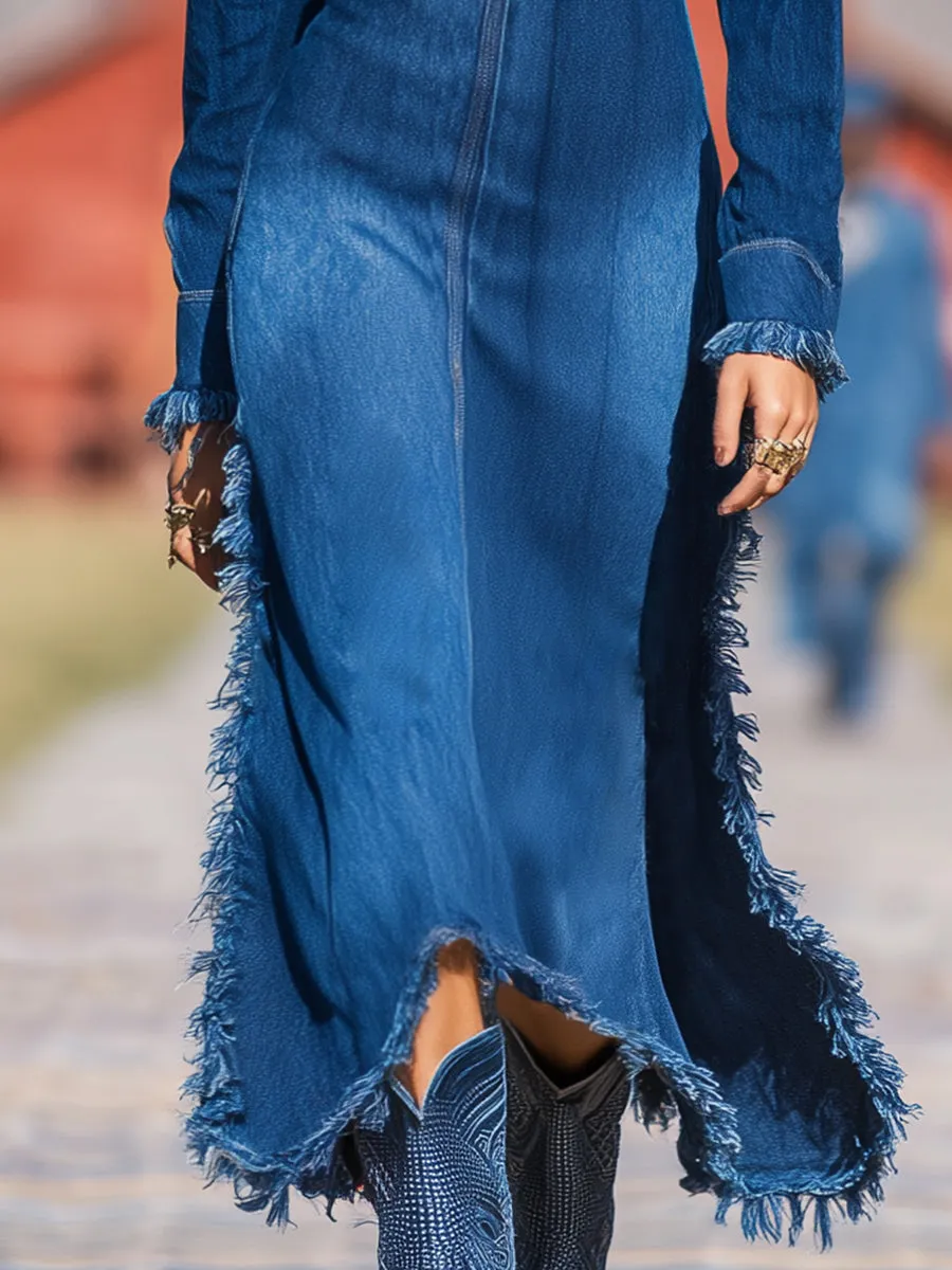 Retro Western Style Round Neck Raw Edge Blue Denim Midi Dress sold by Oyrosy product image thumbnail 4