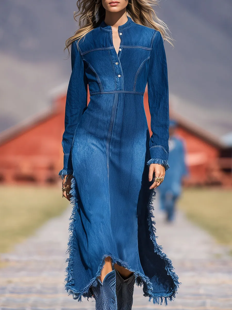 Retro Western Style Round Neck Raw Edge Blue Denim Midi Dress sold by Oyrosy