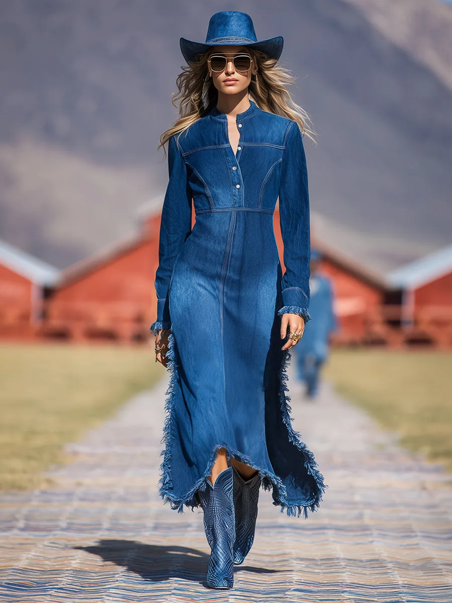 Retro Western Style Round Neck Raw Edge Blue Denim Midi Dress sold by Oyrosy product image thumbnail 2