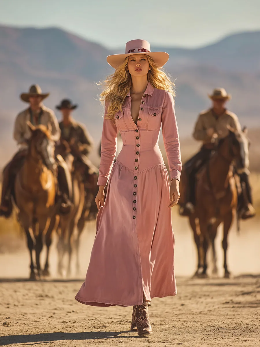 Fashionable Waist Pink Denim Maxi Dress sold by Oyrosy product image thumbnail 2