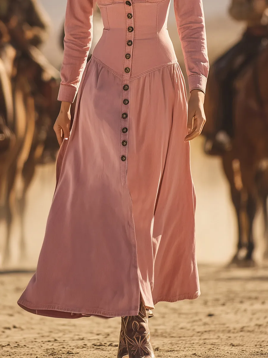 Fashionable Waist Pink Denim Maxi Dress sold by Oyrosy product image thumbnail 4