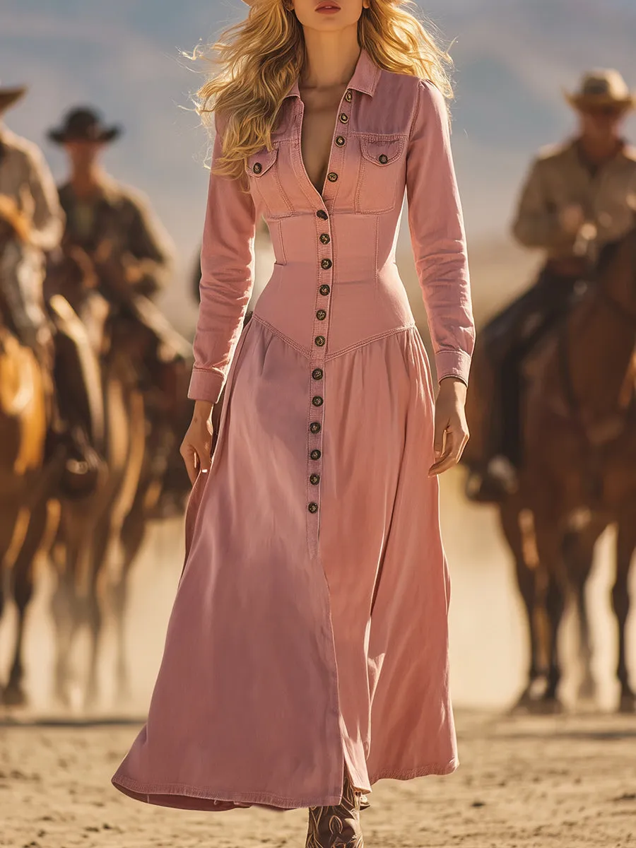 Fashionable Waist Pink Denim Maxi Dress sold by Oyrosy