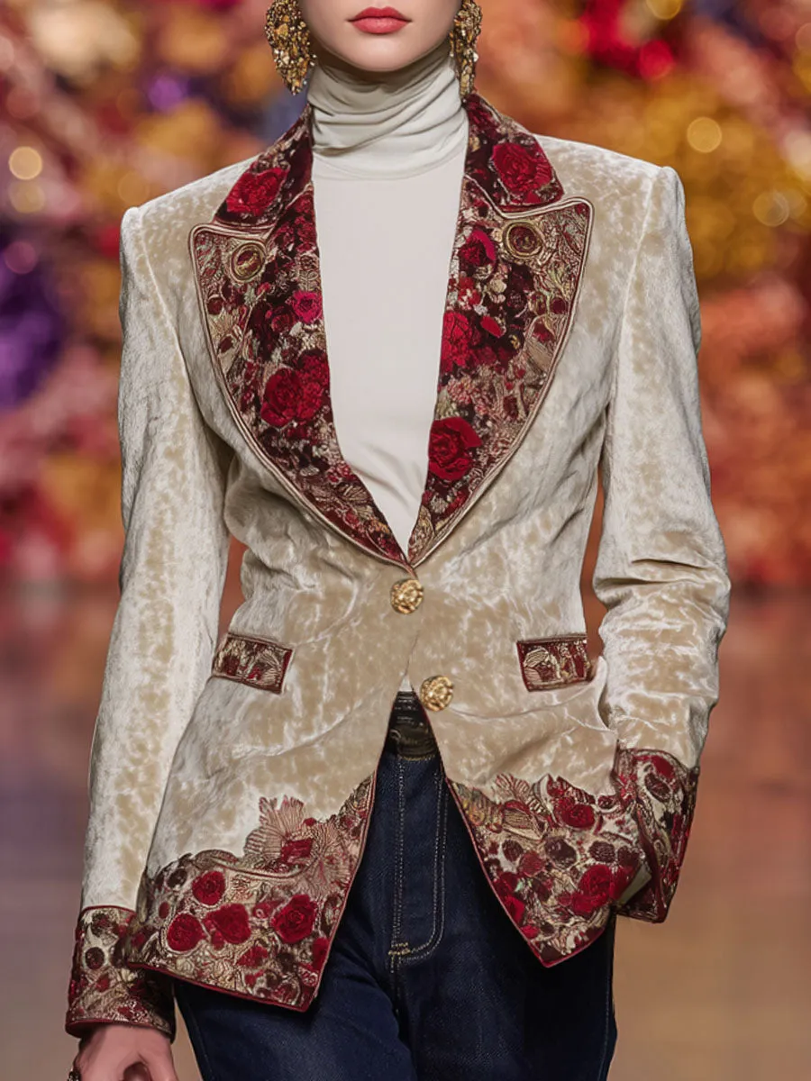 Lapel Single-breasted Vintage Print Velvet Blazer sold by Oyrosy