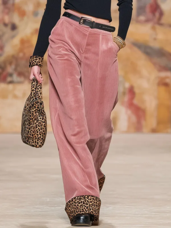 Pink Corduroy Stitching Leopard Print Wide-leg Pants sold by Oyrosy