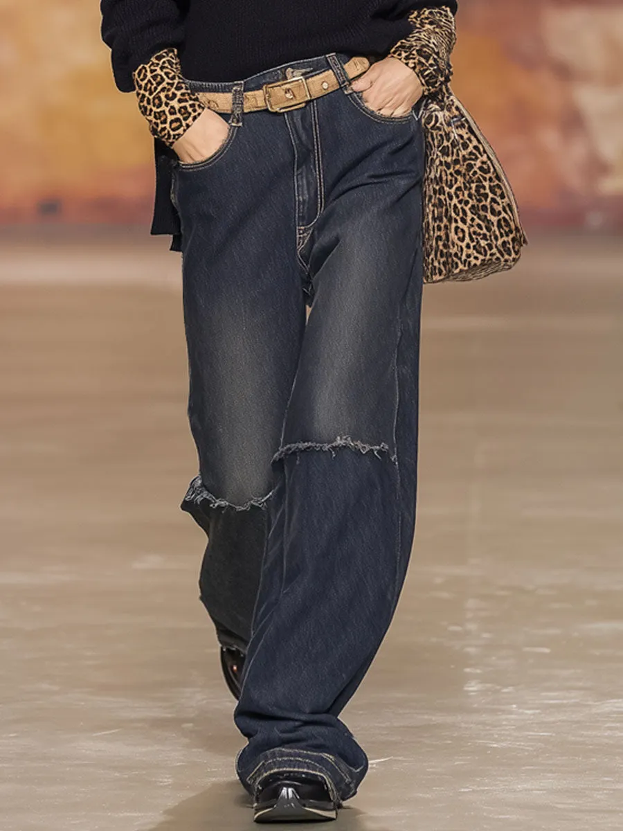 Retro Versatile Distressed Wide-leg Jeans sold by Oyrosy
