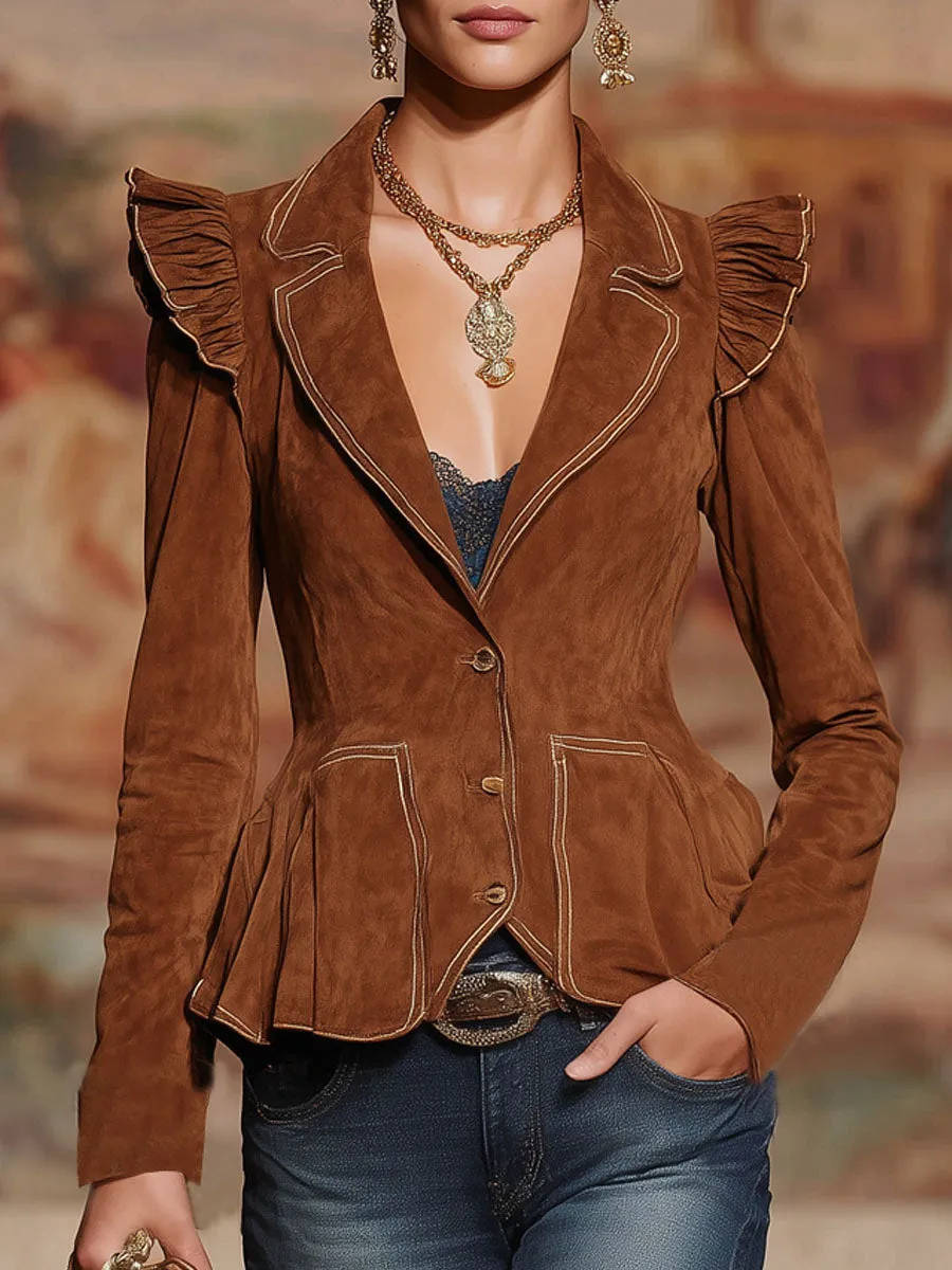 Vintage Lapel Ruffled Flared Single-breasted Faux Suede Jacket sold by Oyrosy