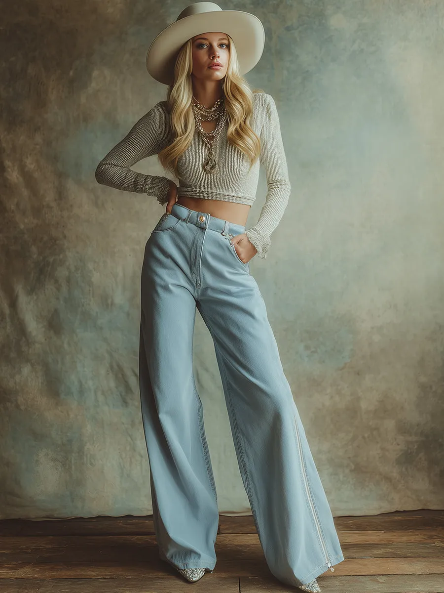 Fashionable Personality Zipper Decorated Light Blue Denim Wide-leg Pants sold by Oyrosy product image thumbnail 2