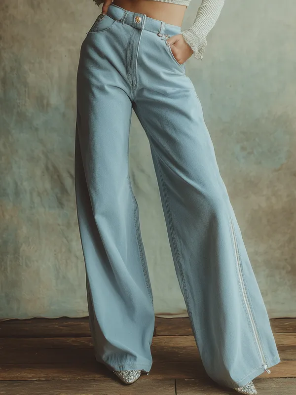Fashionable Personality Zipper Decorated Light Blue Denim Wide-leg Pants sold by Oyrosy