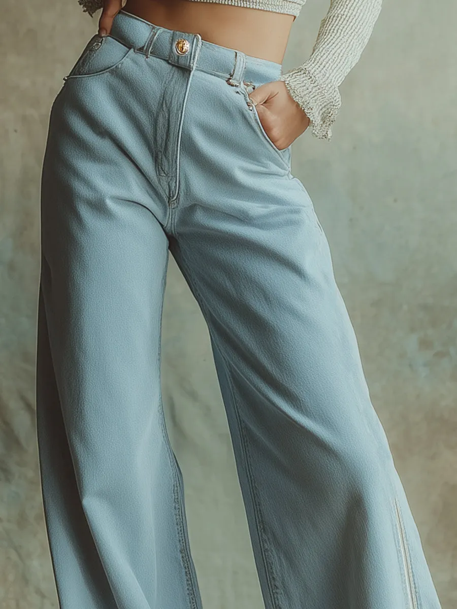 Fashionable Personality Zipper Decorated Light Blue Denim Wide-leg Pants sold by Oyrosy product image thumbnail 3