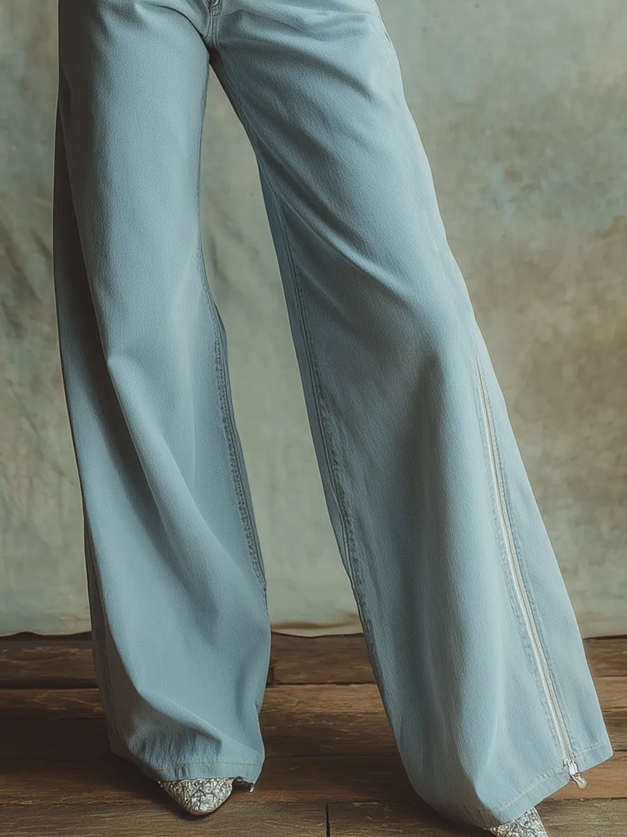 Fashionable Personality Zipper Decorated Light Blue Denim Wide-leg Pants sold by Oyrosy product image thumbnail 4