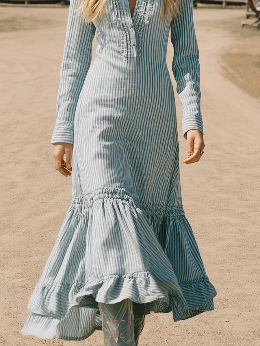 Retro Fashion Lapel Ruffle Skirt Striped Maxi Dress sold by Oyrosy product image thumbnail 4