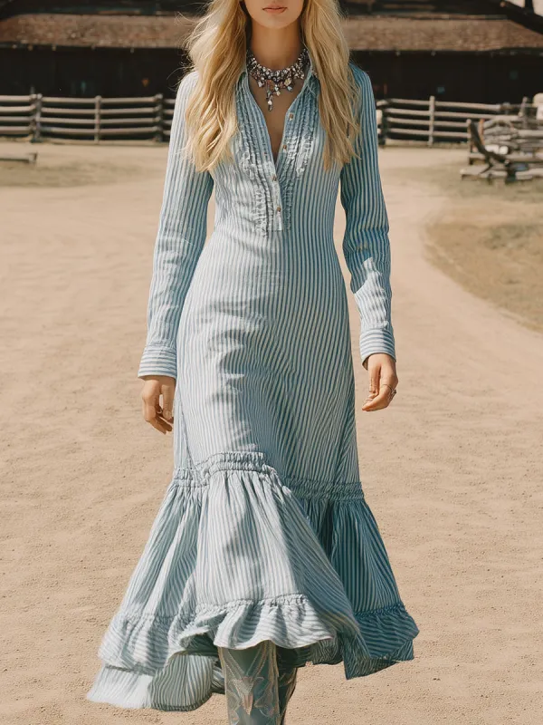 Retro Fashion Lapel Ruffle Skirt Striped Maxi Dress sold by Oyrosy