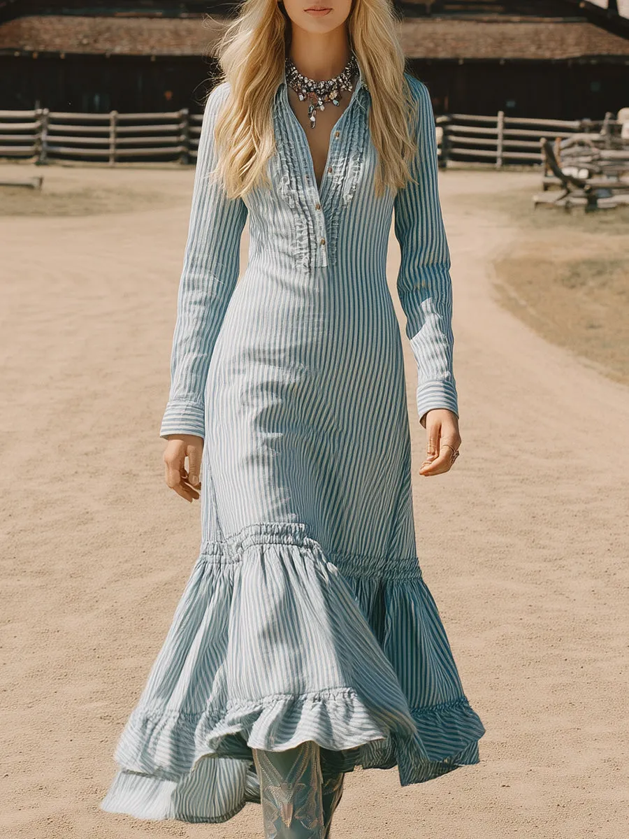 Retro Fashion Lapel Ruffle Skirt Striped Maxi Dress sold by Oyrosy