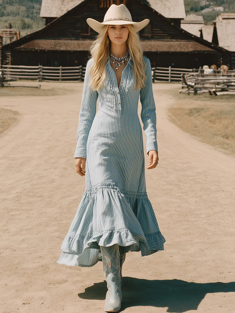 Retro Fashion Lapel Ruffle Skirt Striped Maxi Dress sold by Oyrosy product image thumbnail 2