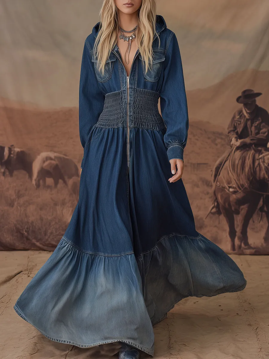 Retro Western Cowboy Hooded Maxi Dress sold by Oyrosy