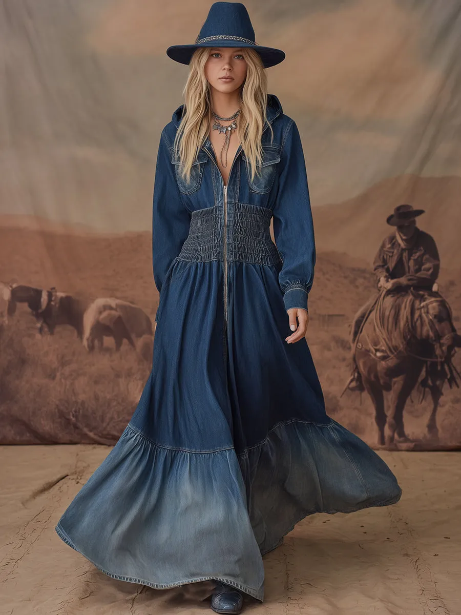 Retro Western Cowboy Hooded Maxi Dress sold by Oyrosy product image thumbnail 2