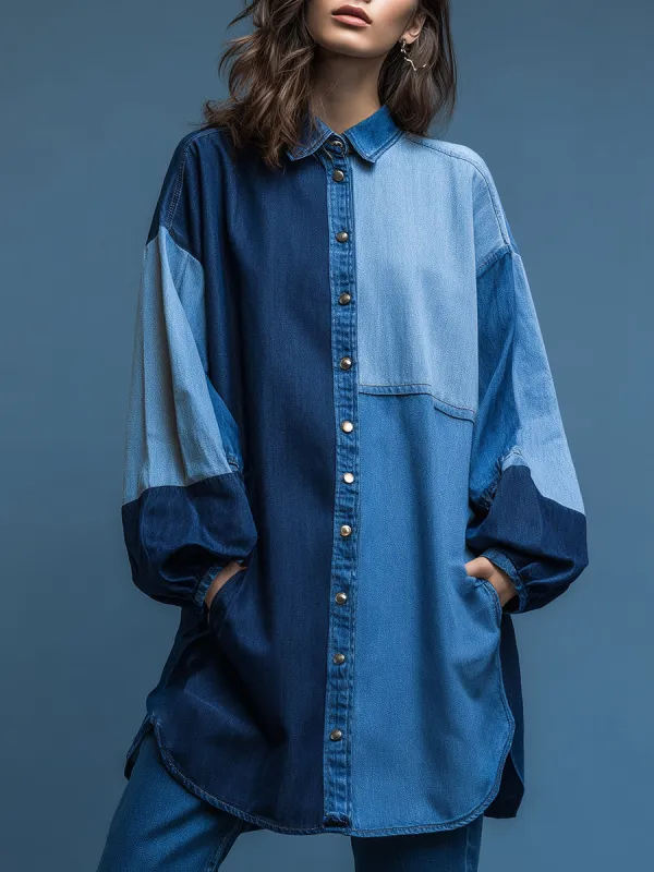 Western Retro Denim Patchwork Loose Shirt sold by Oyrosy