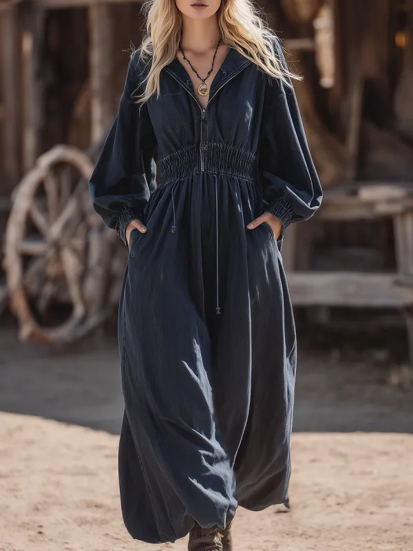 Western Retro Dark Blue Denim Loose Hooded Maxi Dress sold by Oyrosy