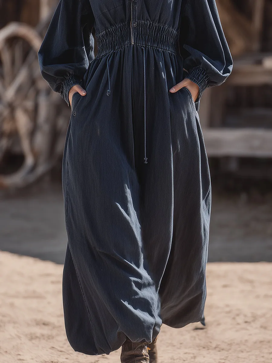 Western Retro Dark Blue Denim Loose Hooded Maxi Dress sold by Oyrosy product image thumbnail 4