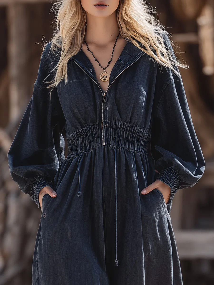 Western Retro Dark Blue Denim Loose Hooded Maxi Dress sold by Oyrosy product image thumbnail 3