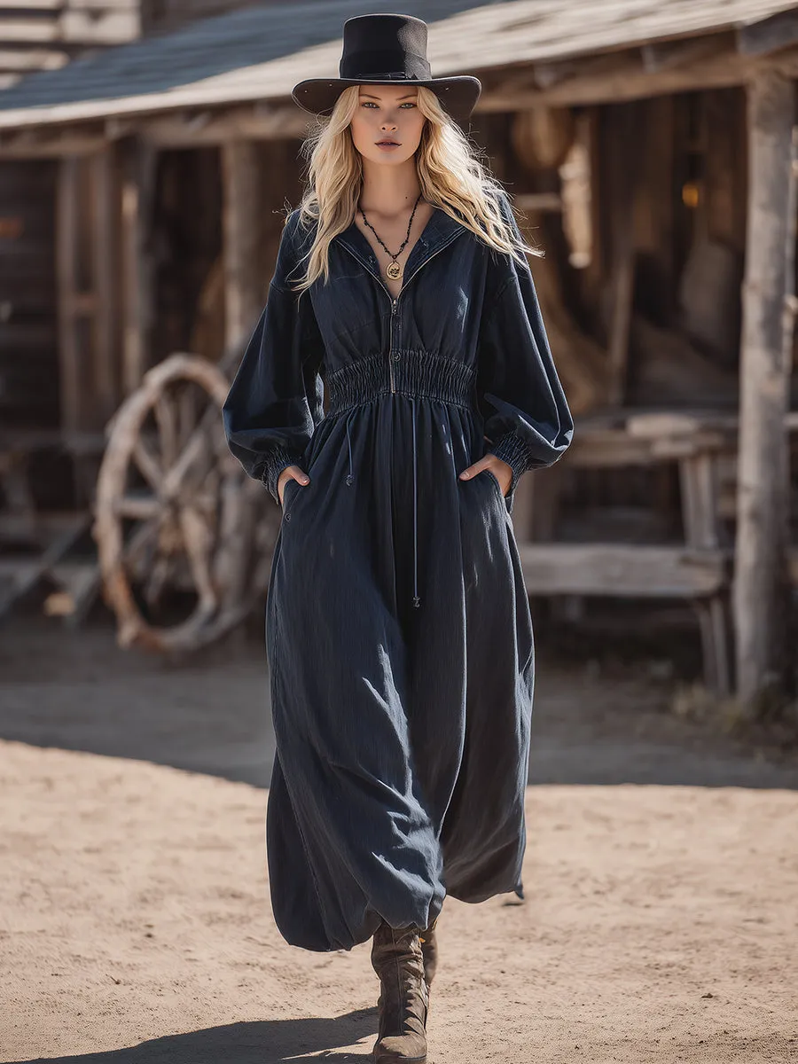 Western Retro Dark Blue Denim Loose Hooded Maxi Dress sold by Oyrosy product image thumbnail 2