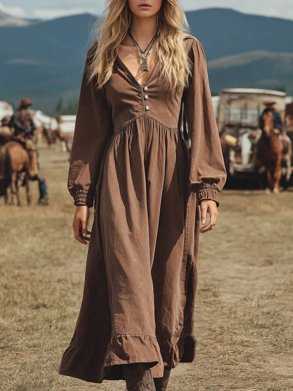 Vintage Western Brown V-neck Maxi Dress sold by Oyrosy