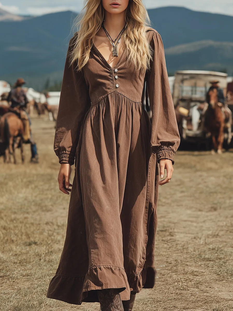 Vintage Western Brown V-neck Maxi Dress sold by Oyrosy