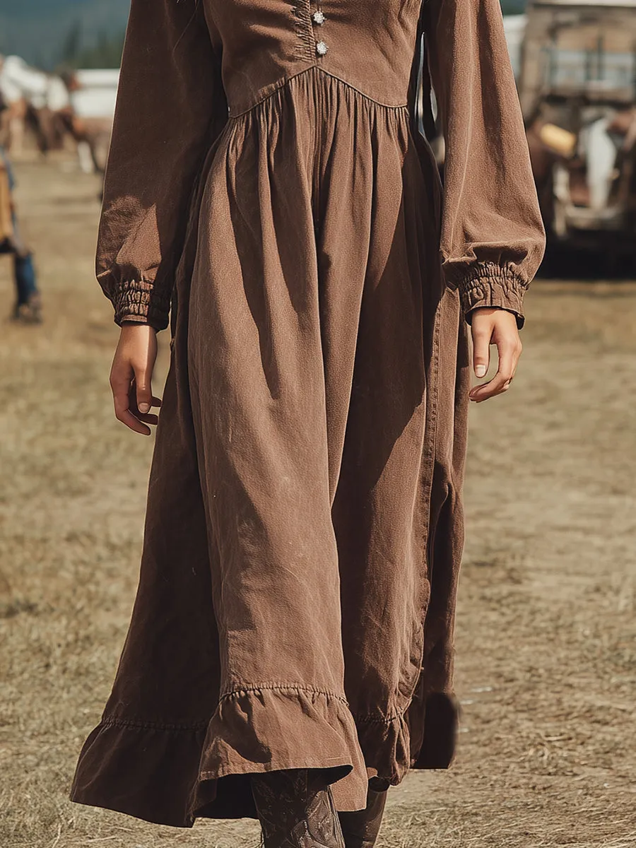 Vintage Western Brown V-neck Maxi Dress sold by Oyrosy product image thumbnail 4