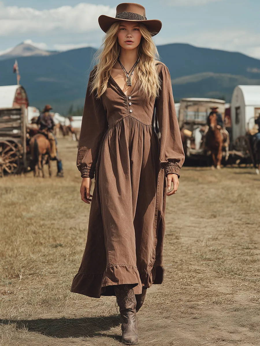 Vintage Western Brown V-neck Maxi Dress sold by Oyrosy product image thumbnail 2