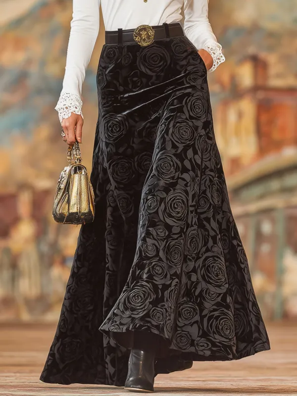Black Rose Print A-line Velvet Skirt sold by Oyrosy