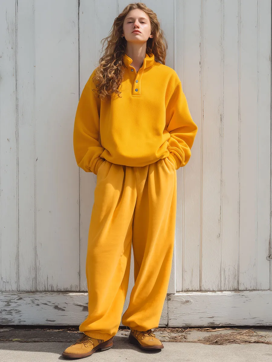 Casual Loose Retro Yellow Granular Fleece Sweatshirt And Sweatpants Set sold by Oyrosy product image thumbnail 2